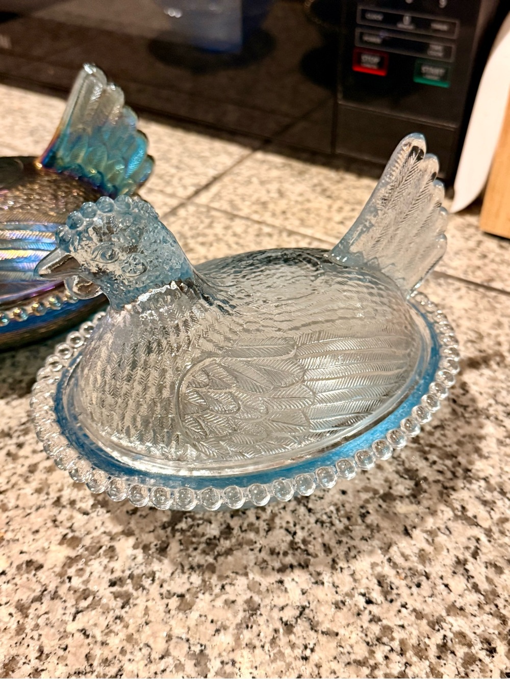 Vintage Glass Hen on Nest Dish - Light Blue
